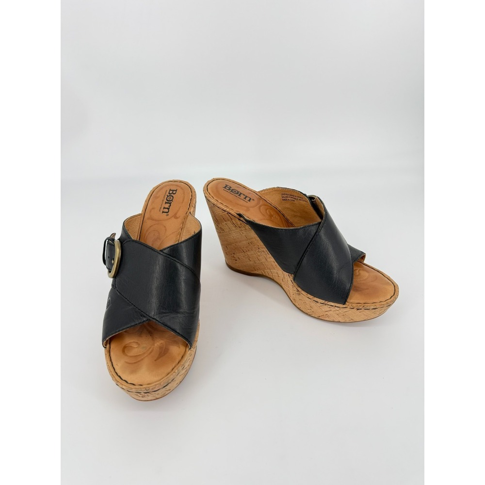 Børn Cork Wedge Leather Slip On Sandals Womens Size 7M Black Gold Buckle Accent - Picture 3 of 14